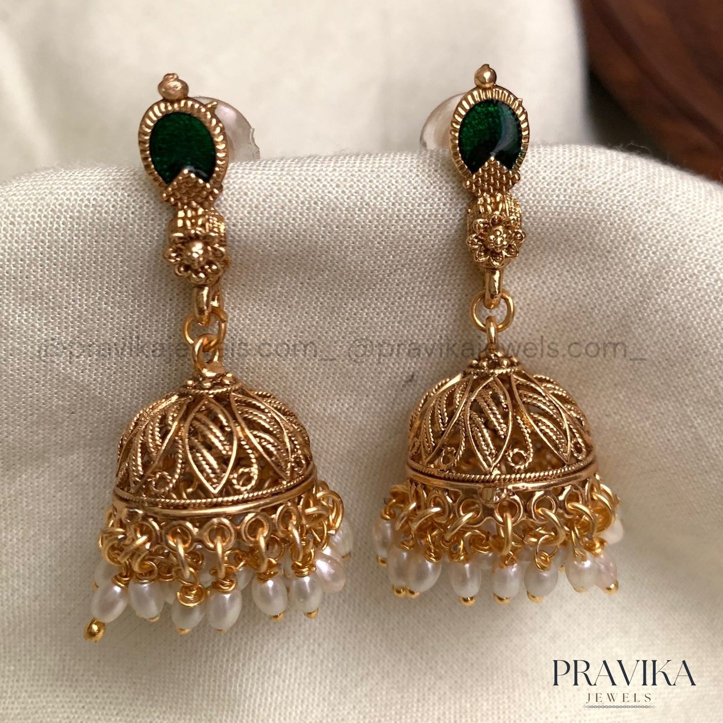 Antique Gold Jhumka Earrings with Green Enamel AJ12