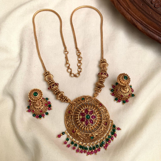 Antique Coin Motif Temple Necklace Set with Jhumkas AN50