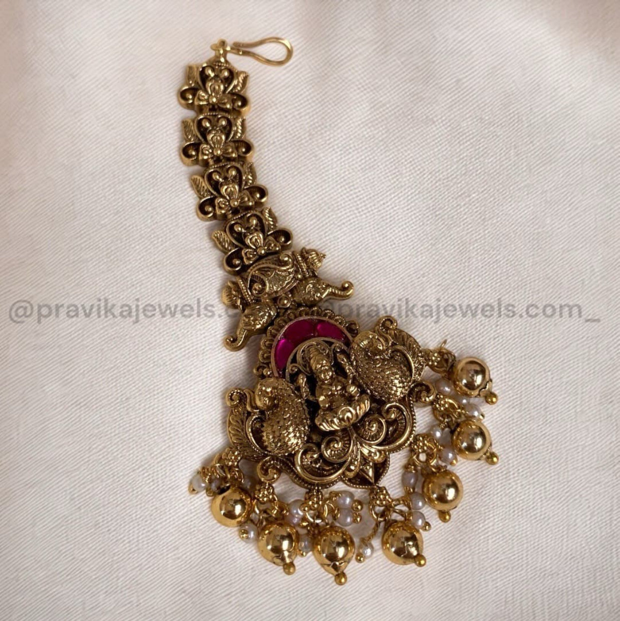 Antique Lakshmi Maang Tikka with Peacock Motif & Pearl Drops ATK06