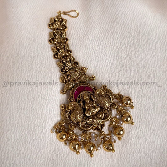 Antique Lakshmi Maang Tikka with Peacock Motif & Pearl Drops ATK06