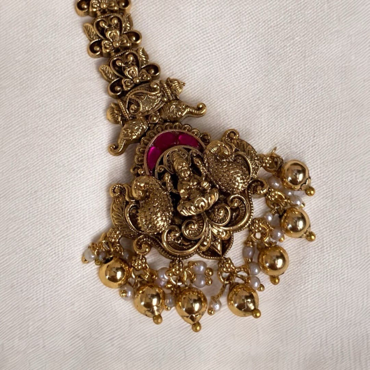 Antique Lakshmi Maang Tikka with Peacock Motif & Pearl Drops ATK06