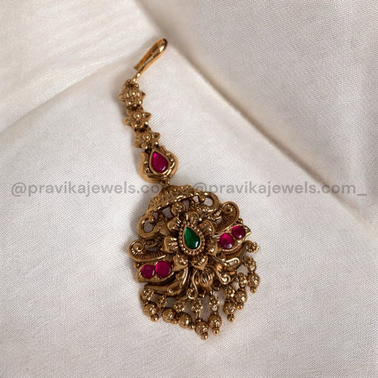 Antique Floral Tikka with Ruby & Green Kemp Stones ATK07