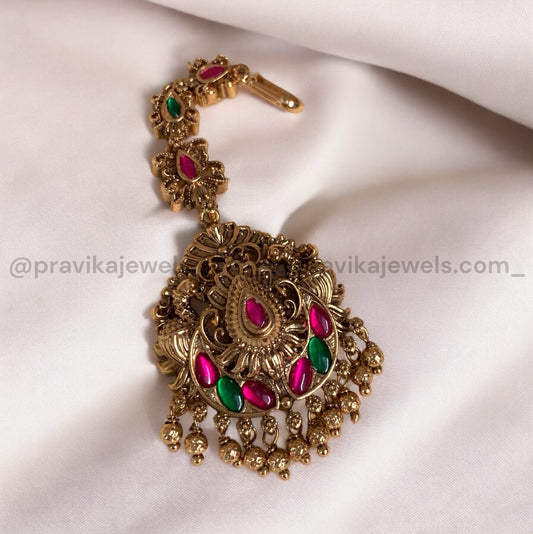 Antique Round Floral Tikka with Bold Ruby & Green Kemp Stones ATK08