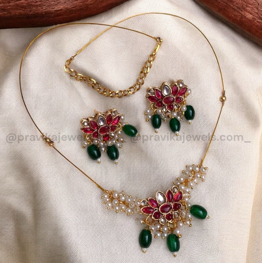 Graceful Ruby-Green Floral Necklace Set IN05