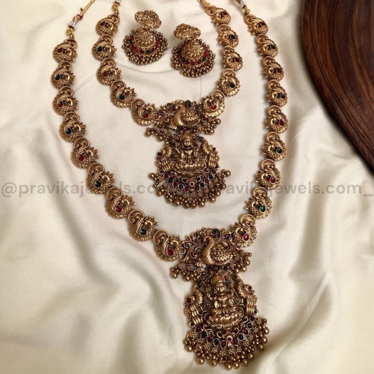 Divine Lakshmi Peacock Combo Set - Antique Necklace, Long Haram & Earrings CS01