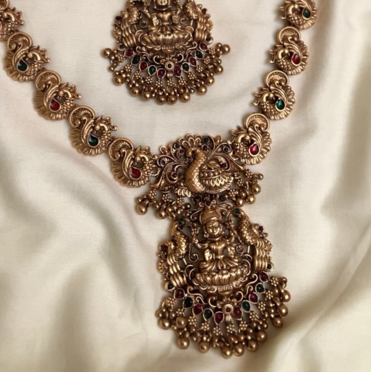 Divine Lakshmi Peacock Combo Set - Antique Necklace, Long Haram & Earrings CS01