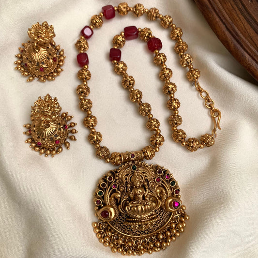 Temple Lakshmi Pendant Long Necklace Set AN168