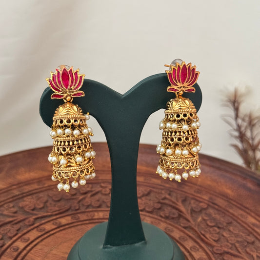 3 Layer Lotus Jhumka Earrings with Pearls AJ09