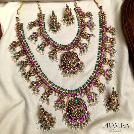 Pravika Luxe – Regal Heritage Temple Necklace Set with Antique Gold Plating PL04