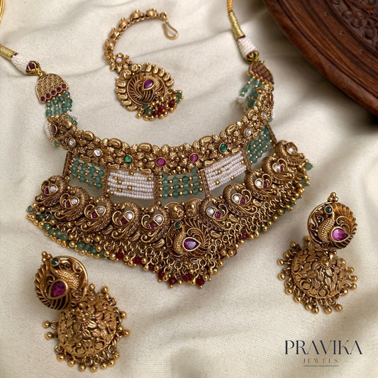 Pravika Luxe – Antique Gold Peacock Temple Necklace Set PL06