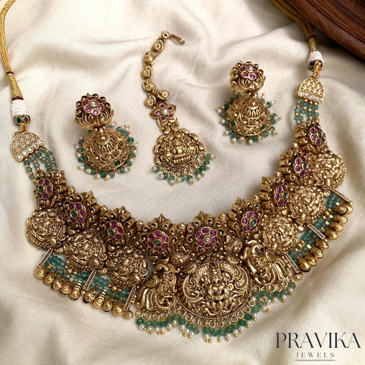 Antique Gold Temple Choker Set with Earrings & Maang Tikka PL08