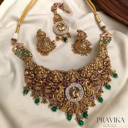 Antique Gold Temple Necklace Set with Earrings & Maang Tikka PL09