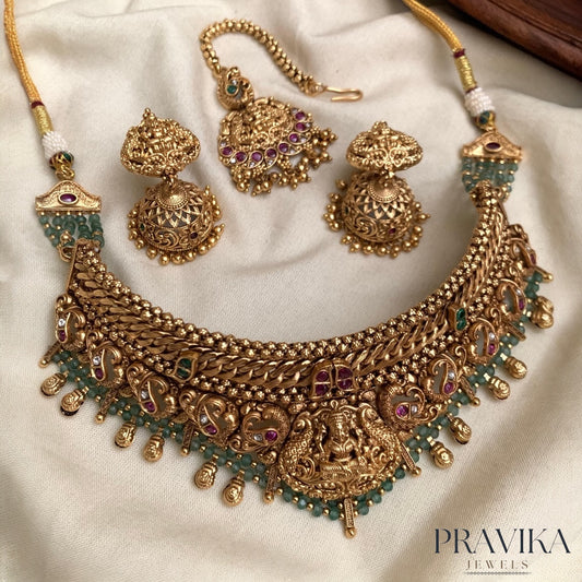 Antique Gold Temple Necklace Set with Earrings & Maang Tikka PL10