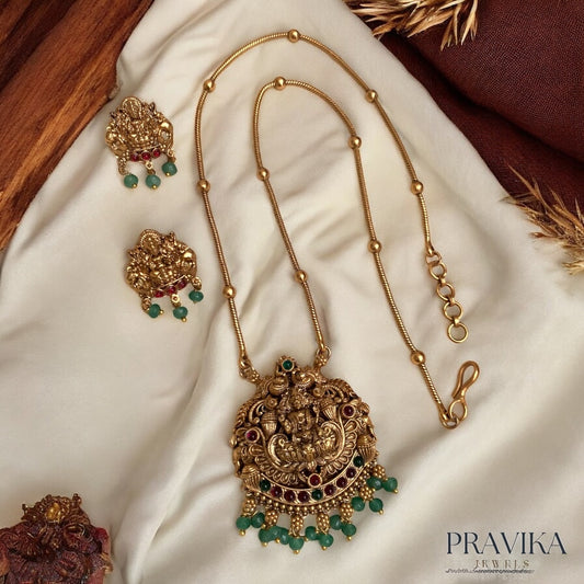 Antique Grand Lakshmi Chain Pendant Set with Earrings AN95