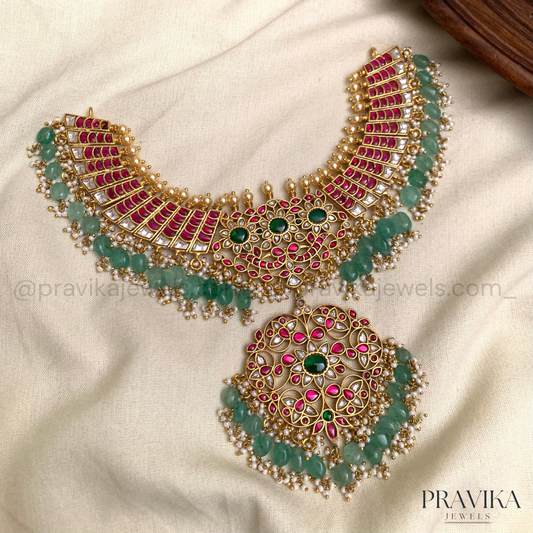 Premium Jadau Kundan Necklace with Emerald Drops PL11