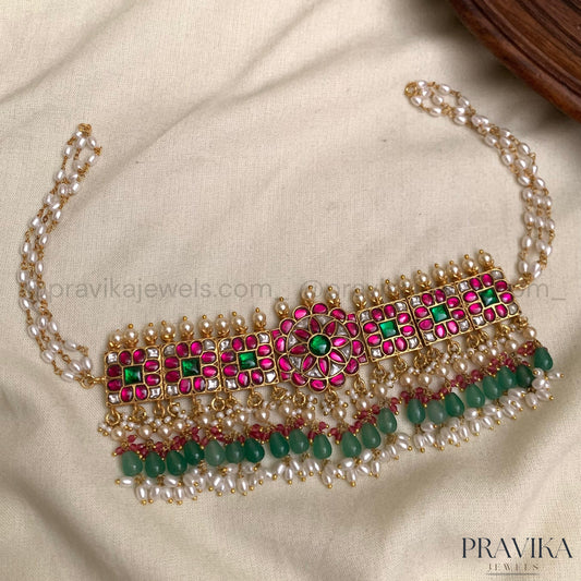 Elegant Jadau Kundan Choker with Emerald & Pearl Drops PL13