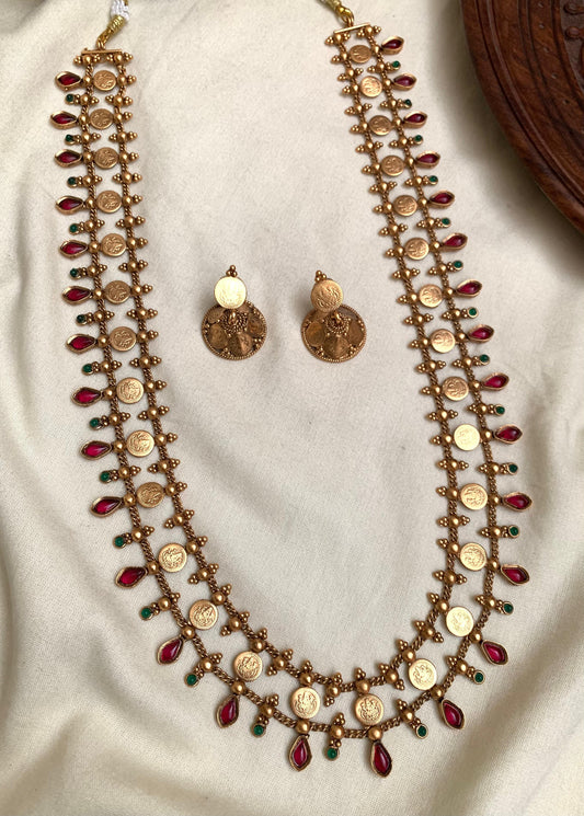 Gold Lakshmi Coin Long Haram with Earrings LH17