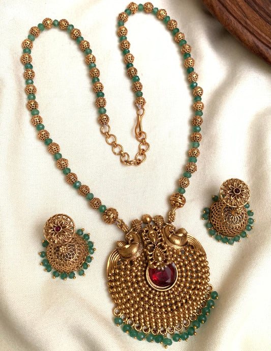 Antique Peacock Round Pendant Necklace with Earrings AN57