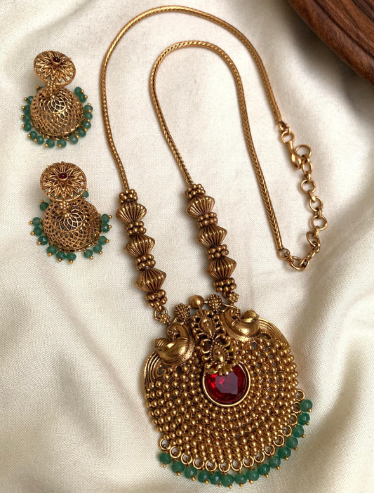 Ruby/Green Beads Peacock Pendant Necklace Set AN58
