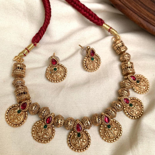 Antique Coin Design Temple Necklace Set with Earrings AN70