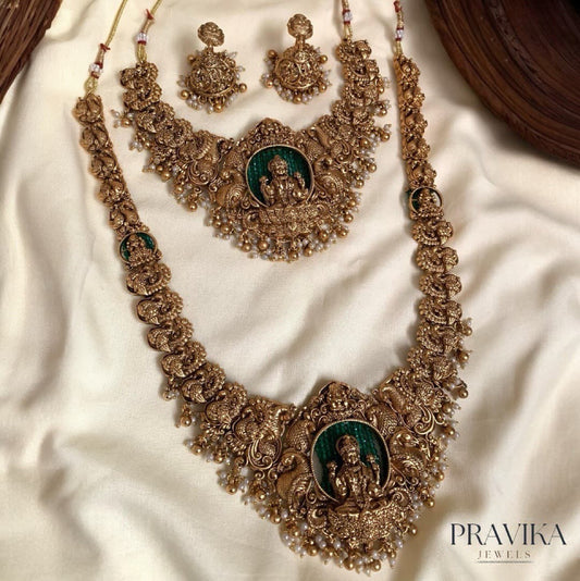 Goddess Lakshmi Heritage Combo – Antique Necklace, Long Haram & Earrings CS04