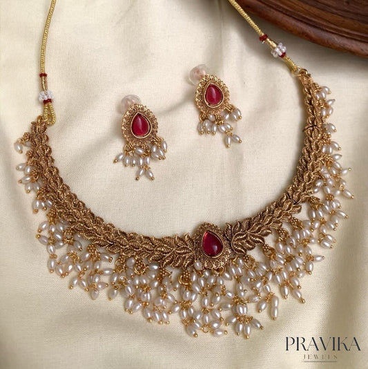 Teardrop Pearl Fringe Necklace Set VN08